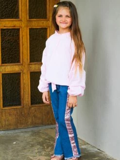Sydney So Sweet Perfect Pink Stripe Ruffle Tie Knot Sequin Denim Flare Girls Outfit