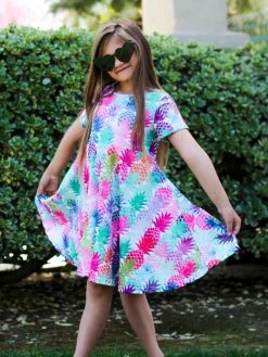 Sydney So Sweet On Wednesday, We Wear Pink Pineapple Of My Eye Rainbow Short Sleeve Girls Skater Dress