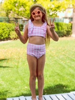 Sydney So Sweet Pink & White Daisy Gingham High Waisted Ruffle Girls Swimsuit Bikini Best Sellers 15 Sydney So Sweet Pink & White Daisy Gingham High Waisted Ruffle Girls Swimsuit Bikini Best Sellers