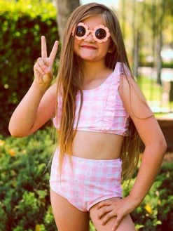 Sydney So Sweet Pink & White Daisy Gingham High Waisted Ruffle Girls Swimsuit Bikini Best Sellers