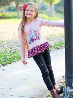Sydney So Sweet 2 Piece Pants Outfits Welcome Gnome Pink Buffalo Plaid Distressed Leggings Girls Outfit