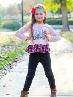 Sydney So Sweet 2 Piece Pants Outfits Welcome Gnome Pink Buffalo Plaid Distressed Leggings Girls Outfit