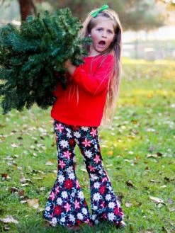 Sydney So Sweet 2 Piece Pants Outfits Pretty Poinsettia Red Bell Bottom Girls Christmas Outfit