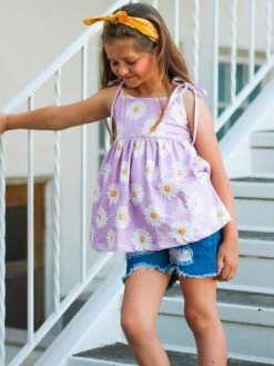 Sydney So Sweet New Arrivals Perfectly Picked Daisy Purple Denim Patch Girls Shorts Outfit