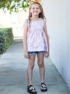 Sydney So Sweet New Arrivals Perfectly Picked Daisy Purple Denim Patch Girls Shorts Outfit
