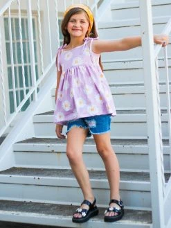 Sydney So Sweet New Arrivals Perfectly Picked Daisy Purple Denim Patch Girls Shorts Outfit