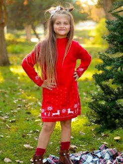Sydney So Sweet Fair Isle Red Snowflake Cable Knit Girls Sweater Dress Dresses & Skirt Sets