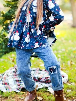 Sydney So Sweet Snow Very Cute Navy Snowman Denim Patch Girls Outfit