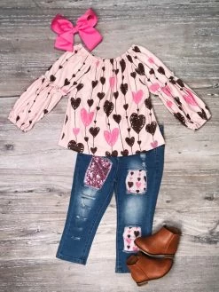 Sydney So Sweet Heart Breaker Sassy Sequin Pink & Brown Denim Patch Girls Outfit