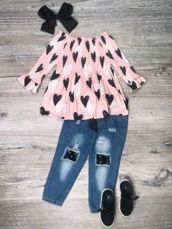 Sydney So Sweet Heart Eyes On You Pink Sequin Denim Patch Girls Outfit