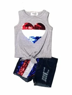 Sydney So Sweet New Arrivals Heart Of The USA Sequin Denim Girls 4th Of July Shorts Outfit
