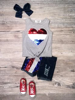 Sydney So Sweet New Arrivals Heart Of The USA Sequin Denim Girls 4th Of July Shorts Outfit