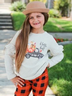 Sydney So Sweet 2 Piece Pants Outfits Pumpkin Truck Orange Plaid Distressed Patch Leggings Girls Outfit