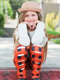 Sydney So Sweet 2 Piece Pants Outfits Pumpkin Truck Orange Plaid Distressed Patch Leggings Girls Outfit