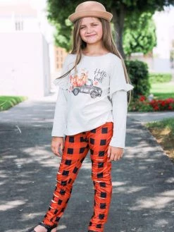 Sydney So Sweet 2 Piece Pants Outfits Pumpkin Truck Orange Plaid Distressed Patch Leggings Girls Outfit