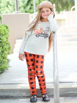 Sydney So Sweet 2 Piece Pants Outfits Pumpkin Truck Orange Plaid Distressed Patch Leggings Girls Outfit