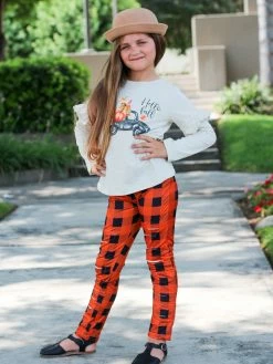 Sydney So Sweet 2 Piece Pants Outfits Pumpkin Truck Orange Plaid Distressed Patch Leggings Girls Outfit