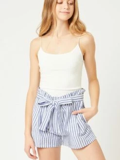 Sydney So Sweet High Waist Stripe Belted Women's Paperbag Shorts Blue Women's Clothing