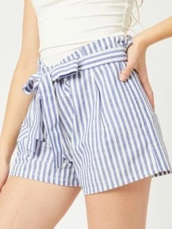Sydney So Sweet High Waist Stripe Belted Women's Paperbag Shorts Blue Women's Clothing