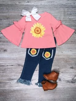Sydney So Sweet Hippie Pink Sunflower Bell Sleeve & Lace Fringe Denim Girls Outfit