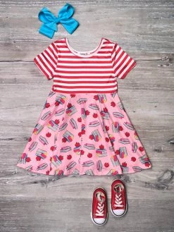 Sydney So Sweet Hittin' The Books Pink & Red Stripe Girls Back To School Skater Dress