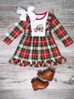 Sydney So Sweet Holiday Christmas Tree Car Plaid Ruffle Girls Dress Dresses & Skirt Sets