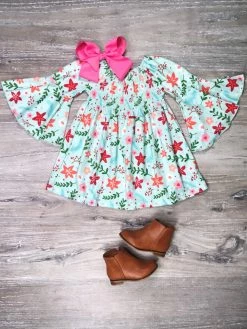 Sydney So Sweet Dresses & Skirt Sets Colorful Christmas Flower Blue Smocked Flare Girls Babydoll Dress Or Tunic Top