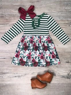 Sydney So Sweet Dresses & Skirt Sets Holiday Holly Emerald Green Floral Stripe Girls Christmas Dress