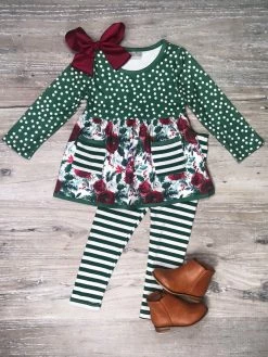 Sydney So Sweet Holiday Holly Emerald Green Floral Stripe Girls Christmas Outfit