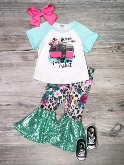 Sydney So Sweet Sales Store 7 Sydney So Sweet Home Is Where You Park It Camper Floral Sequin Girls Bell Bottom Outfit