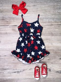 Sydney So Sweet Hooray For The USA Red White & Blue Stars Girls 4th Of July Romper