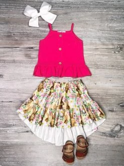 Sydney So Sweet Hoppin' Hot Pink Rabbit Floral Hi Lo Girls Skirt Outfit