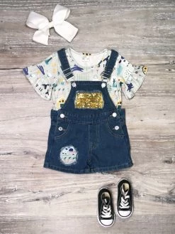 Sydney So Sweet Hopping Into Spring Bunny Golden Sequin Girls Denim Overalls Outfit