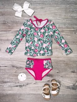 Sydney So Sweet Hot Pink Peonies Floral Long Sleeve Ruffle Girls Swimsuit