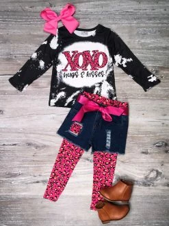 Sydney So Sweet Shorts & Capri Outfits Hugs & Kisses XOXO Pink Leopard Denim Patch Girls Three Piece Set