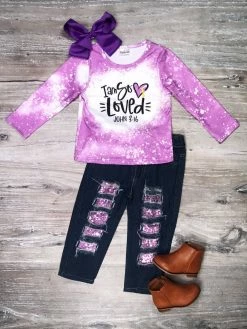 Sydney So Sweet Purple I Am So Loved Acid Wash Sequin Denim Patch Girls Outfit