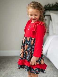 Sydney So Sweet Dresses & Skirt Sets Baking Spirits Bright Gingerbread Red Ruffle Girls Christmas Dress