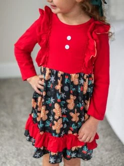 Sydney So Sweet Dresses & Skirt Sets Baking Spirits Bright Gingerbread Red Ruffle Girls Christmas Dress