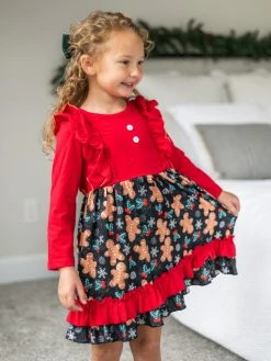 Sydney So Sweet Dresses & Skirt Sets Baking Spirits Bright Gingerbread Red Ruffle Girls Christmas Dress