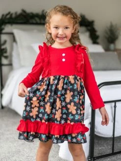 Sydney So Sweet Dresses & Skirt Sets Baking Spirits Bright Gingerbread Red Ruffle Girls Christmas Dress