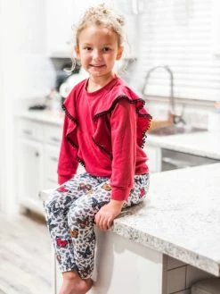Sydney So Sweet Burgundy Butterfly Leopard Pom Pom Ruffle Girls Outfit