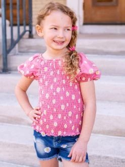 Sydney So Sweet Daisy Blossoms Blush Pink Smocked Denim Girls Shorts Outfit New Arrivals