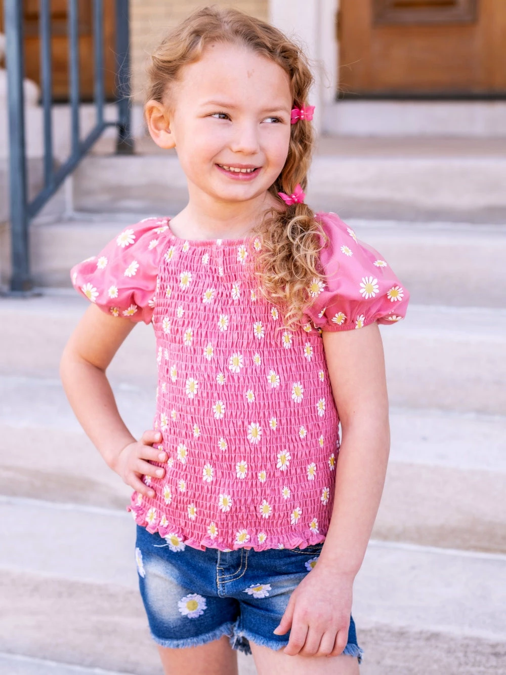 Sydney So Sweet Daisy Blossoms Blush Pink Smocked Denim Girls Shorts Outfit New Arrivals 1 Sydney So Sweet Daisy Blossoms Blush Pink Smocked Denim Girls Shorts Outfit New Arrivals