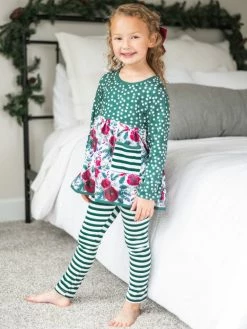 Sydney So Sweet Holiday Holly Emerald Green Floral Stripe Girls Christmas Outfit