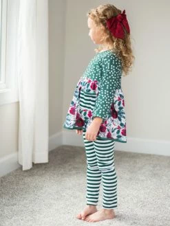 Sydney So Sweet Holiday Holly Emerald Green Floral Stripe Girls Christmas Outfit