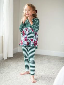 Sydney So Sweet Holiday Holly Emerald Green Floral Stripe Girls Christmas Outfit
