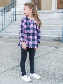 Sydney So Sweet 2 Piece Pants Outfits Pink & Black Buffalo Plaid Button Up Girls Leggings Outfit