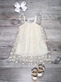 Sydney So Sweet Dresses & Skirt Sets Ivory Daisy Tulle Girls Flutter Sleeve Summer Dress