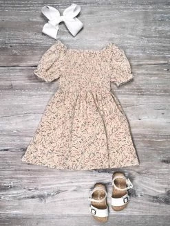 Sydney So Sweet Dresses & Skirt Sets Ivory Dusty Rose Ditsy Floral Puff Sleeve Smocked Girls Dress