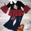 Sydney So Sweet Joy To The World Plaid Glitter Distressed Denim Bells Girls Outfit